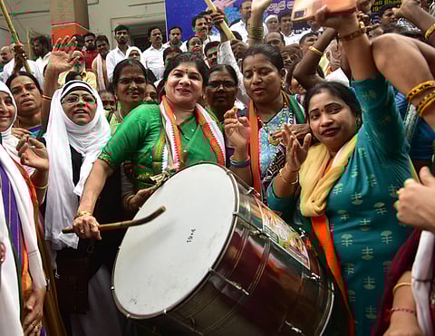 Members of Congress party celebrating the Victory of Eight MP Seats in Lok Sabha elections at Gandhi Bhavan in Hyderabad on Wednesday