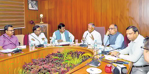 Minister of State for Railways V Somanna holds a meeting with officials of South Western Railway Zone on Monday