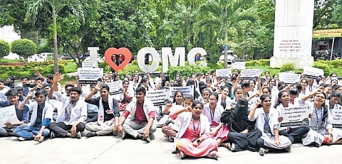 B.Sc Allied Health Sciences students shout slogans during their protest at the Osmania Medical College on Friday.