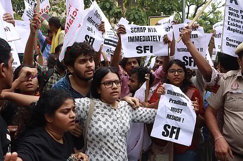 Members of Students Federation of India  and other students union stage a protest over NEET-UG and UGC-NET issues outside Shastri Bhawan, in New Delh