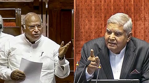 Congress MP Mallikarjun Kharge (R) speaks as Rajya Sabha Chairman Jagdeep Dhankhar conducts proceedings of the House during the ongoing Parliament session, in New Delhi.