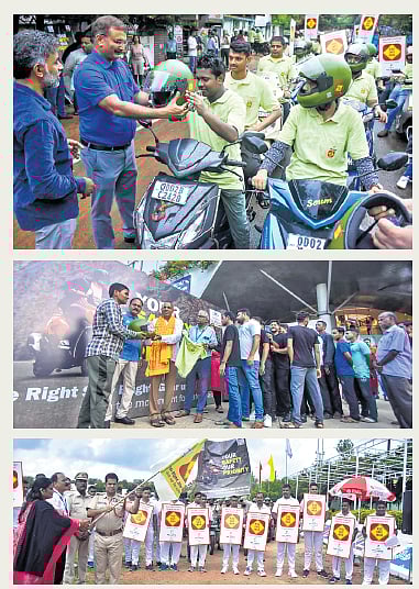 (From top) Crime Branch ADG Arun Bothra distributing helmets, Bhubaneswar-Ekamra MLA Babu Singh handing over the safety gear to a commuter and OFDRA director Prasanta Dash flagging of a rally during the Ride Safe India campaign in Bhubaneswar on Thursday 