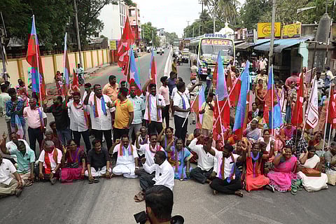 12/06/2024, TN, PONDICHERRY: Members of CPM and VCK staged Road roko in Puducherry on Wednesday to condemn the negligence of the government in the three women die of toxic gas leak from sewer line in Redyarpalayam Pudhunagar. 