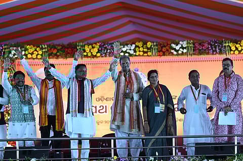 Prime Minister Narendra Modi and former Odisha chief minister Naveen Patnaik during the swearing-in ceremony of the new Odisha government in Bhubaneswar (Photo | PTI)