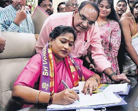 Home Minister V Anitha assumes office at the State Secretariat on Wednesday.