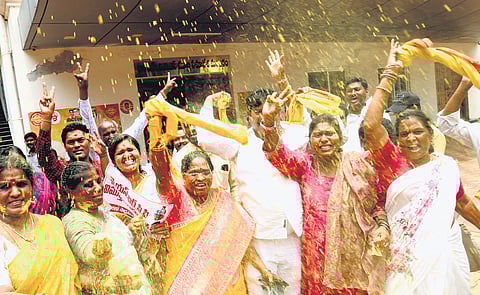 Activists celebrating TDP win at Visakhapatnam party office