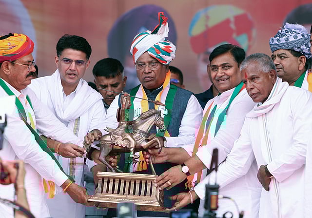 Sachin Pilot (L), who had a great election, seen with Mallikarjun Kharge, the Congress President, at an election rally.