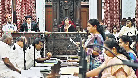 Chennai Corporation council meeting held at Ripon Building on Monday. 