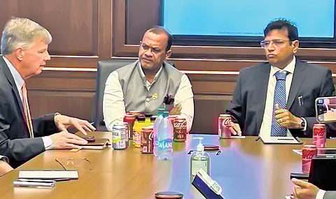Ministers Komatireddy Venkat Reddy and D Sridhar Babu discuss investments in Telangana with Jonathan Reif, head of Coca-Cola’s fiscal policy at the company’s headquarters at Atlanta in the US on Saturday.