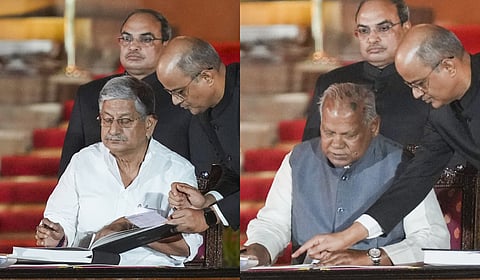 JD(U) leader Lalan Singh (L) and HAM(S) Chief Jitan Ram Manjhi take oath as ministers at the swearing-in ceremony of new Union government, at Rashtrapati Bhavan in New Delhi, Sunday, June 9, 2024.