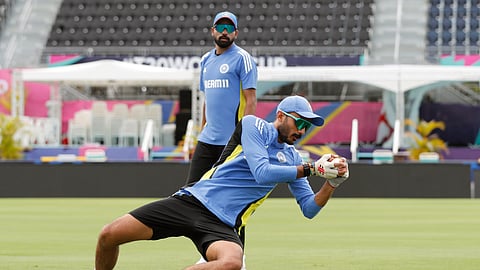 India's Axar Patel during a practice session ahead of the Super 8 Group 1 match against Afghanistan in the ICC Mens T20 World Cup 2024, at Kensington Oval in Barbados on Wednesday.