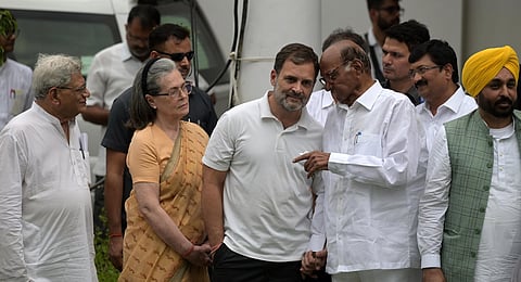 Congress leader Sonia Gandhi, Rahul Gandhi, NCP Chief Sharad Pawar, Punjab Chief Minister Bhagwant Mann and CPI leader Sitaram Yechuri during the INDIA bloc meeting