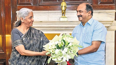 Union Finance Minister Nirmala Sitharaman with Kerala Finance Minister K N Balagopal during a meeting in New Delhi on Thursday 