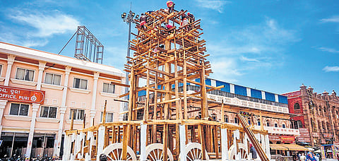Carpenters are busy making a chariot for the upcoming Rath Yatra on the Grand Road at Puri. 