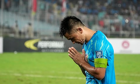 India's captain Sunil Chhetri acknowledges fans after a FIFA World Cup 2026 Qualifier football match between India and Kuwait, at the Vivekananda Yuba Bharati Krirangan (Salt Lake Stadium), in Kolkata