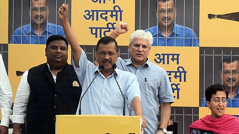 Delhi CM Arvind Kejriwal at the AAP office with his party leaders.