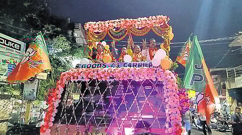 Victorious BJP candidates take out a victory rally in Baripada 