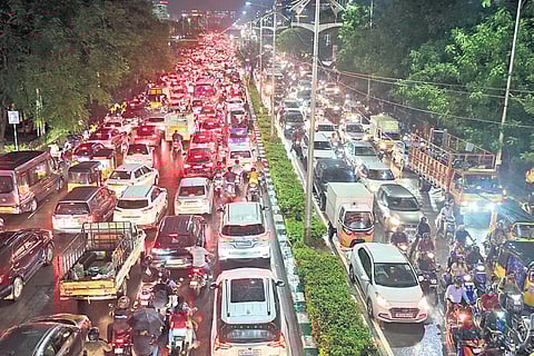 Traffic snarls are a regular sight during peak hours on rainy days on the Durgam Cheruvu-IKEA stretch in Hitec City, Hyderabad