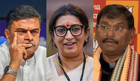 (L to R) BJP leaders and former Union ministers RK Singh, Smriti Irani and Arjun Munda.