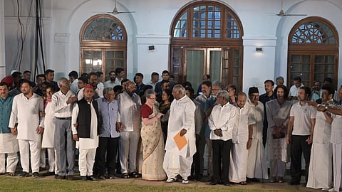 INDIA bloc leaders seen during their meeting at Mallikarjun Kharge's residence.