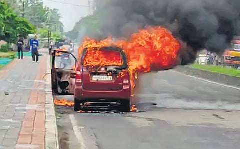 The car that caught fire near Konnad Beach in Kozhikode on Friday