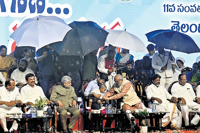 Governor CP Radhakrishnan with Chief Minister A Revanth Reddy and his grandson during the celebrations