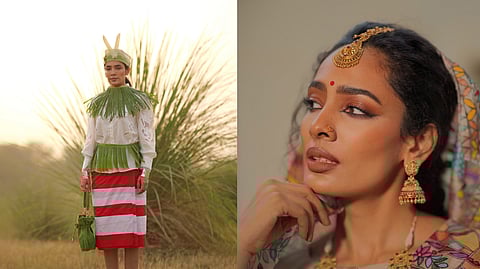Ishita Mangal in a
traditional dress from
Andaman and Nicobar
islands. Wearing ‘Hila’
(lungi), ‘Inyut’ (blouse),
headgear ‘Sapiov’, and
traditional accessaries
made of banana leaf
 (R), In a Madhubani saree from Bihar(L)