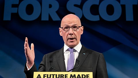 Scottish First Minister and SNP leader John Swinney speaks during the party's General Election manifesto launch at Patina in Edinburgh, Scotland, Wednesday, June 19, 2024.