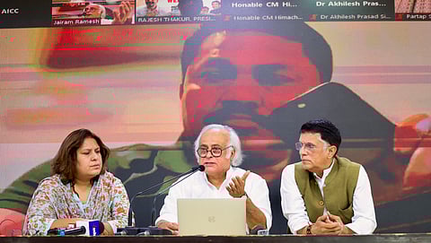 Congress leaders Jairam Ramesh, Pawan Khera and Supriya Shrinate during a press conference at AICC HQ. in New Delhi, Sunday, June 2, 2024. 