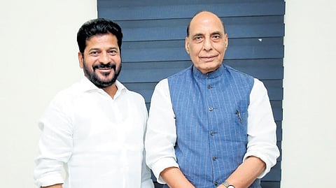 CM Revanth Reddy with Union Defence Minister Rajnath Singh in New Delhi on Monday