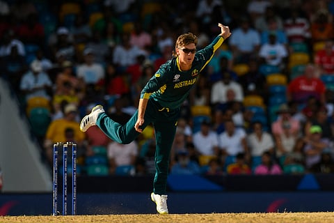 Australia's Adam Zampa bowls during the ICC men's Twenty20 World Cup 2024 group B cricket match between Australia and England on June 8, 2024.