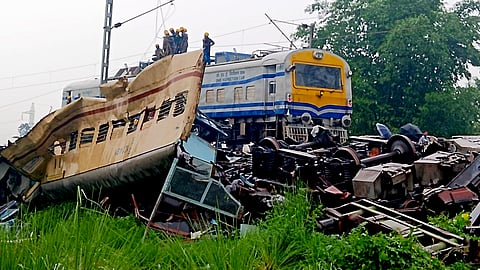 Wreckage of trains a day after the collision between the Kanchanjunga Express and a goods train, near Rangapani railway station, Tuesday, June 18, 2024.