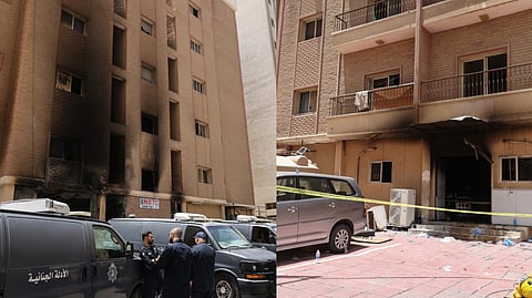 A picture shows a building which was engulfed by fire, in Kuwait City, on June 12, 2024