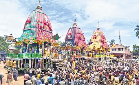 Three chariots parked in front of Gundicha temple in Puri.