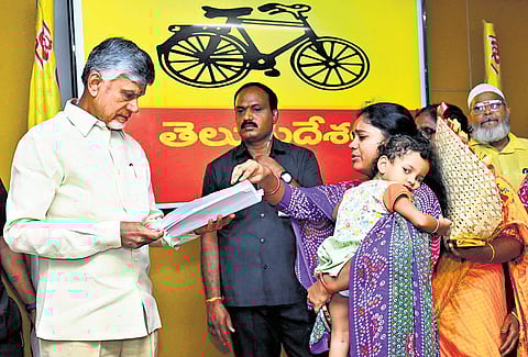 Chief Minister Nara Chandrababu Naidu takes representations from the people at the TDP central office in Mangalagiri on Saturday