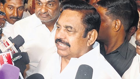 AIADMK leader EPS talking to reporters on Sunday