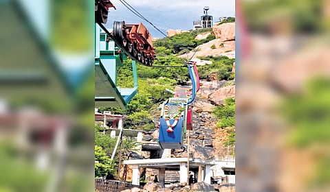 Chief minister MK Stalin inaugurated rope car operation to transport devotees to Rathinagireeswarar Temple on the hillock of Ayyarmalai in Kulithalai in Karur district from Chennai through video conferencing on Wednesday