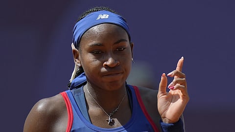 Coco Gauff of United States gestures as she plays against Donna  Vekic of Croatia during their women's singles third round match at the Rolland Garros Stadium, at the Summer Olympics, Tuesday, July 30, 2024, in Paris, France.