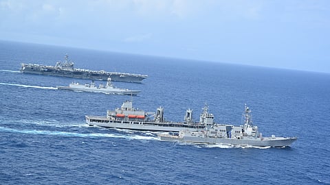 The Indian Forces include the guided missile destroyer INS Visakhapatnam (D66), the replenishment ship INS Aditya (A59), and two Indian Air Force Su-30 fighter aircraft.