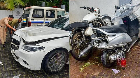 The damaged BMW car that was involved in an accident, parked on the premises of Worli police station (L),  A damaged two-wheeler that was involved in an accident that killed a woman (R)