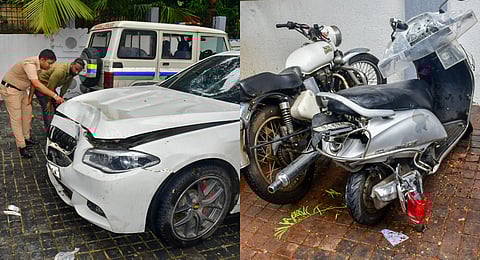 A damaged BMW car that was involved in an accident, parked on the premises of Worli police, station, Husband of the deceased in the Worli (Mumbai) hit and run case, Pradeep Nakhhwa 