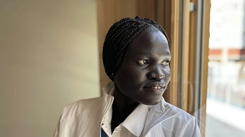 Refugee Team athlete Perina Lokure Nakang poses for a portrait, Sunday, July 28, 2024, during the 2024 Summer Olympics in Paris, France.