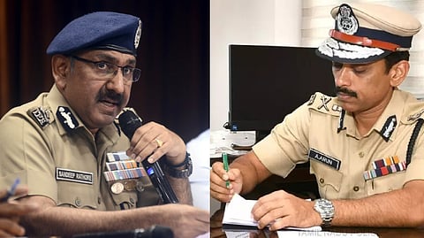 Transferred police officer Sandeep Rai Rathore (L), newly-appointed Commissioner A. Arun (R)