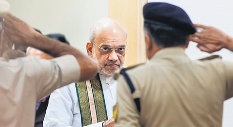 Home Minister Amit Shah arrives to chair the 7th apex-level meeting of the Narco-Coordination Center in New Delhi on Thursday.