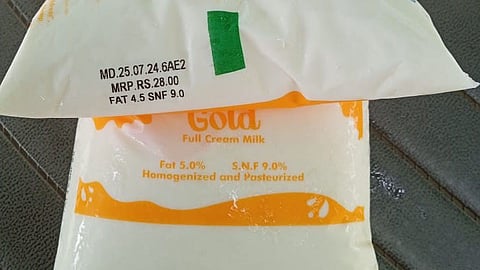 Aavin milk packets containing printed details of fat contents sold in Madurai.