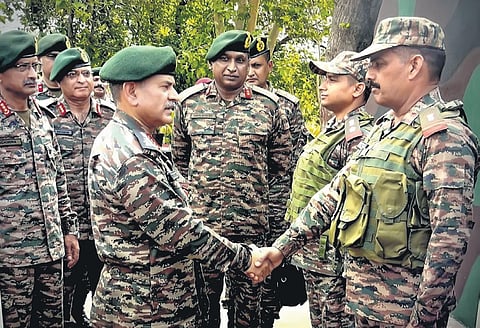 Chief of Army Satff General Upendra Dwivedi during his visit to the forward locations of White Knight Corps along the LoC in Poonch on Wednesday.
