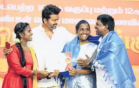 Vijay during a function organised by his party for honouring achievers in Class 10 and 12 exams.