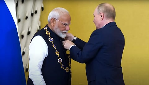 Prime Minister Narendra Modi being conferred the highest civilian award of Russian Federation, Order of St Andrew the Apostle, by Russian President Vladimir Putin, in Moscow, Russia, Tuesday, July 9, 2024.
