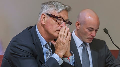 Actor Alec Baldwin, left, sits with his lawyer Luke Nikas, in District Court in Santa Fe, N.M., Monday, July 8, 2024, during a preliminary hearing in his involuntary manslaughter trial over a fatal shooting on the set of the film, "Rust."