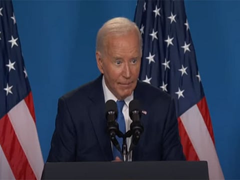 An image of President Joe Biden is projected on a screen during the final night of the 2024 Republican National Convention at the Fiserv Forum, Thursday, July 18, 2024, in Milwaukee.